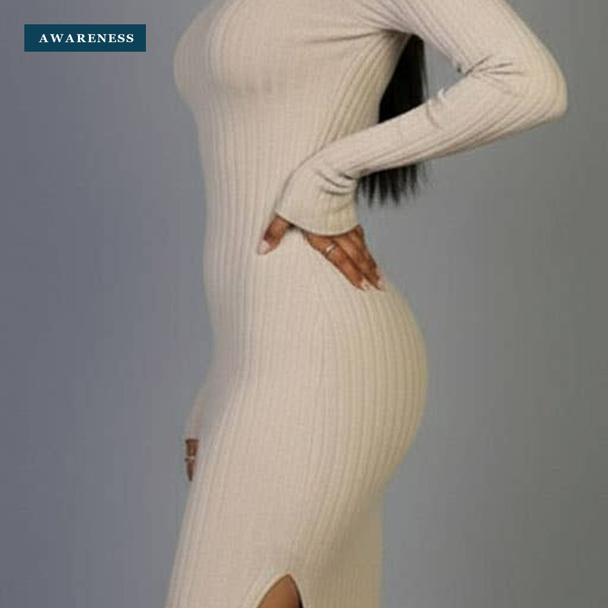 Sweater-Knit Fuzzy Turtle Neck Split Thigh Dress — Close-up — AWARENESS