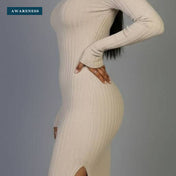 Sweater-Knit Fuzzy Turtle Neck Split Thigh Dress — Close-up — AWARENESS