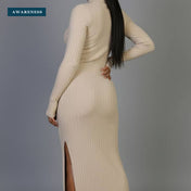 Sweater-Knit Fuzzy Turtle Neck Split Thigh Dress — Lifestyle — AWARENESS