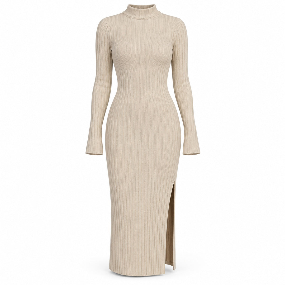 Sweater-Knit Fuzzy Turtle Neck Split Thigh Dress — Main — AWARENESS