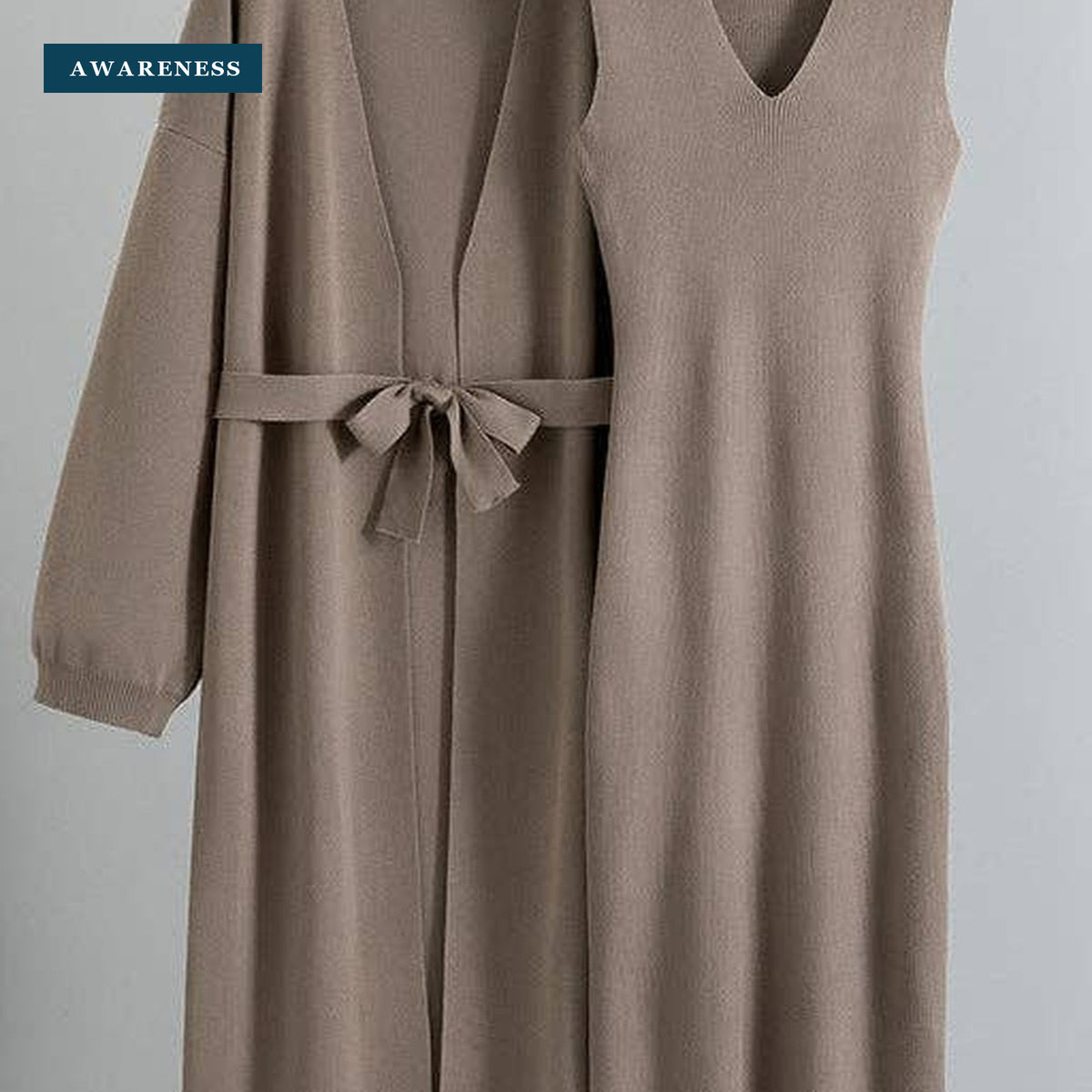 Sleeveless V Neck 2 Piece Knit Sweater Midi Dress Set — Close-up — AWARENESS