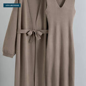 Sleeveless V Neck 2 Piece Knit Sweater Midi Dress Set — Close-up — AWARENESS