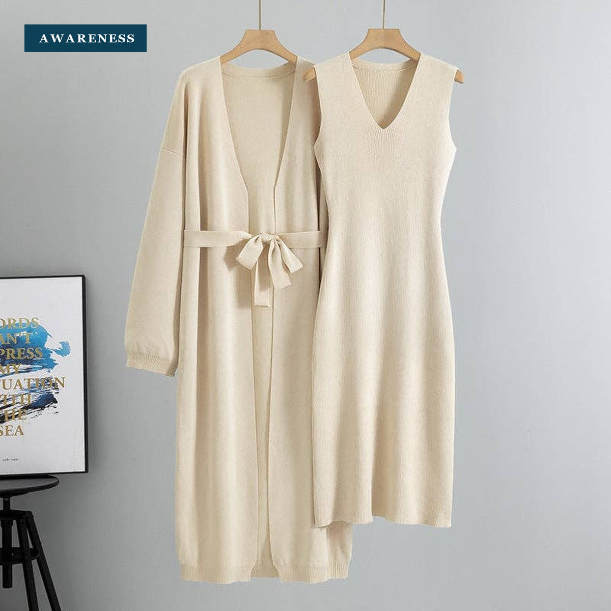 Sleeveless V Neck 2 Piece Knit Sweater Midi Dress Set — Lifestyle — AWARENESS