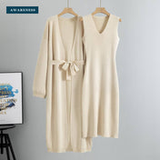 Sleeveless V Neck 2 Piece Knit Sweater Midi Dress Set — Lifestyle — AWARENESS