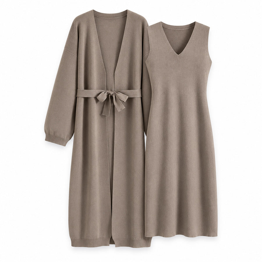 Sleeveless V Neck 2 Piece Knit Sweater Midi Dress Set — Main — AWARENESS