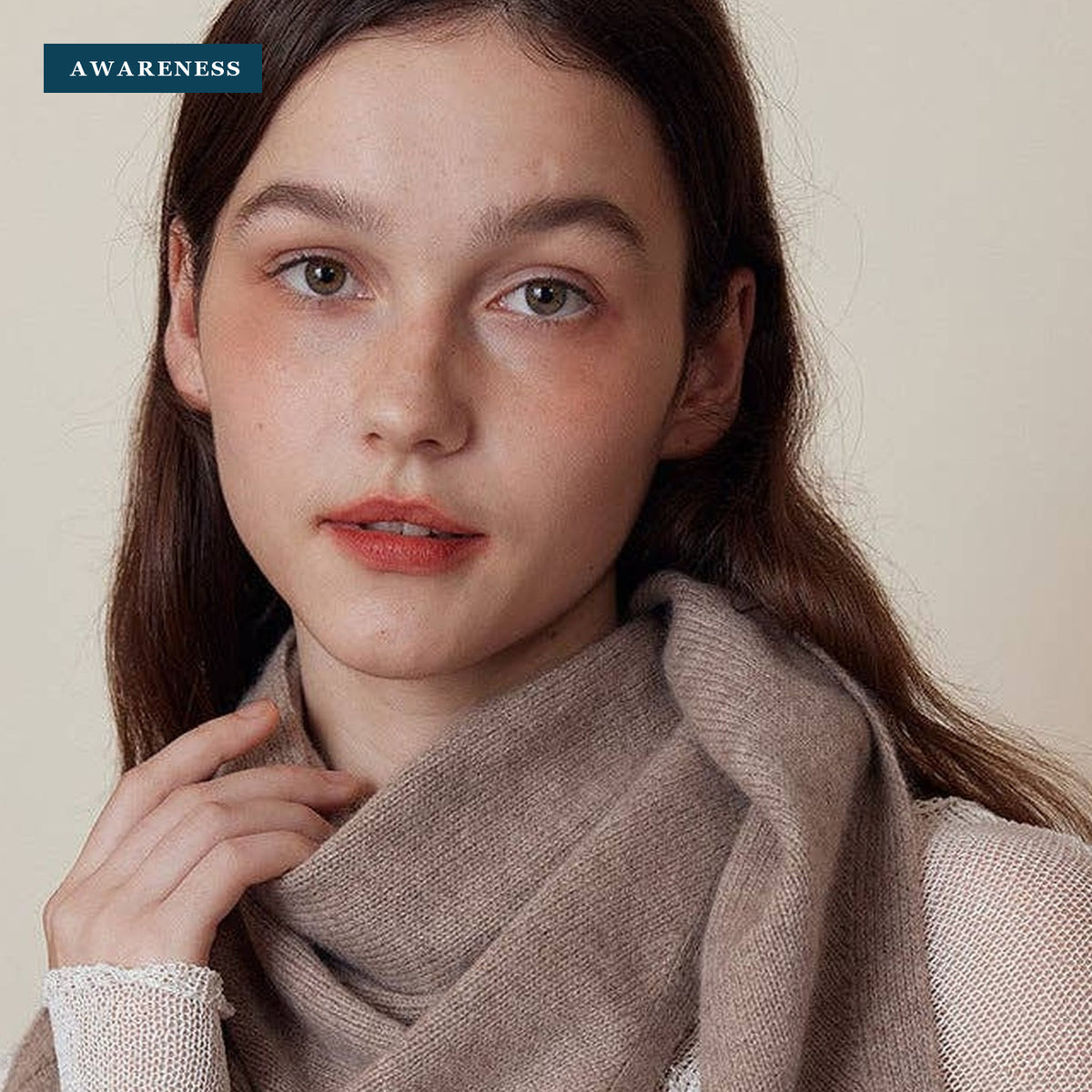 Solid Color Cashmere Wool Knitted Triangle Scarf For Women — Close-up — AWARENESS