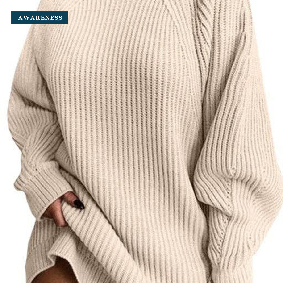 Women's Oversized Chunky Knit Mock Neck Sweater Dress — Close-up — AWARENESS