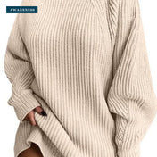 Women's Oversized Chunky Knit Mock Neck Sweater Dress — Close-up — AWARENESS