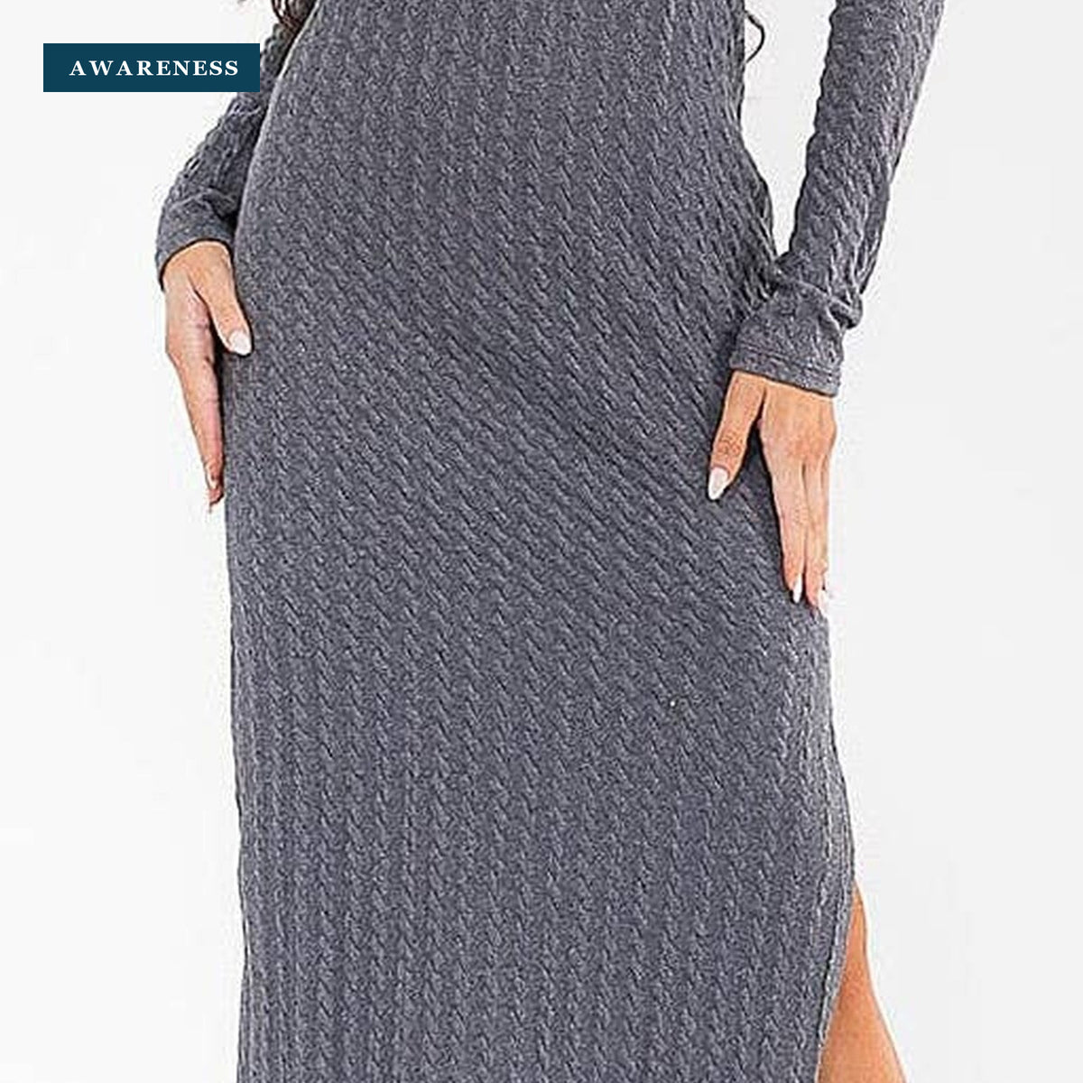 Long Sleeve Turtle Neck Side Slit Ribbed Bodycon Midi Dress — Close-up — AWARENESS