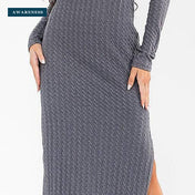 Long Sleeve Turtle Neck Side Slit Ribbed Bodycon Midi Dress — Close-up — AWARENESS
