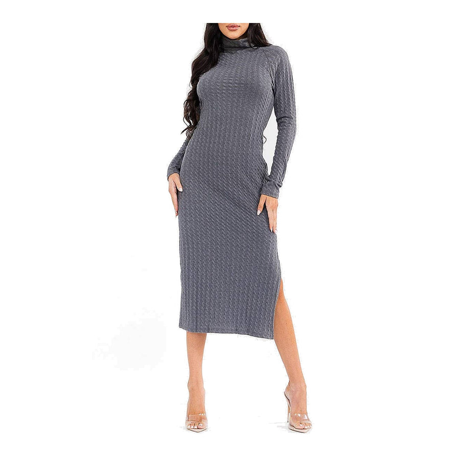 Long Sleeve Turtle Neck Side Slit Ribbed Bodycon Midi Dress — Main — AWARENESS
