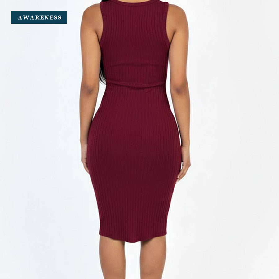 Casual Ribbed Split Neck Bodycon Dress — Lifestyle — AWARENESS