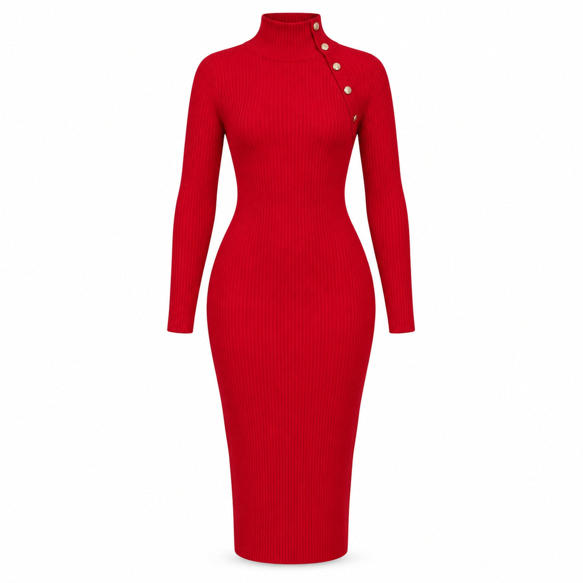 Long Sleeve High Neck Shoulder Button Detail Midi Dress — Main — AWARENESS