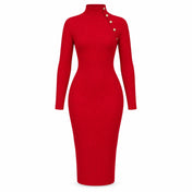 Long Sleeve High Neck Shoulder Button Detail Midi Dress — Main — AWARENESS
