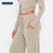 Ribbed Crop Long Sleeve Top with Straight Leg Loungewear Set — Close-up — AWARENESS