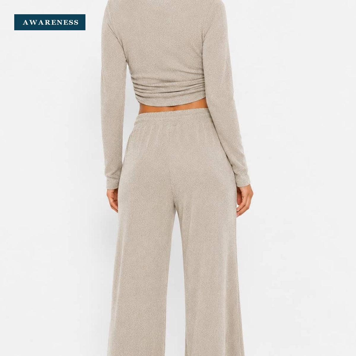 Ribbed Crop Long Sleeve Top with Straight Leg Loungewear Set — Lifestyle — AWARENESS