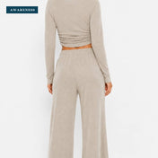 Ribbed Crop Long Sleeve Top with Straight Leg Loungewear Set — Lifestyle — AWARENESS