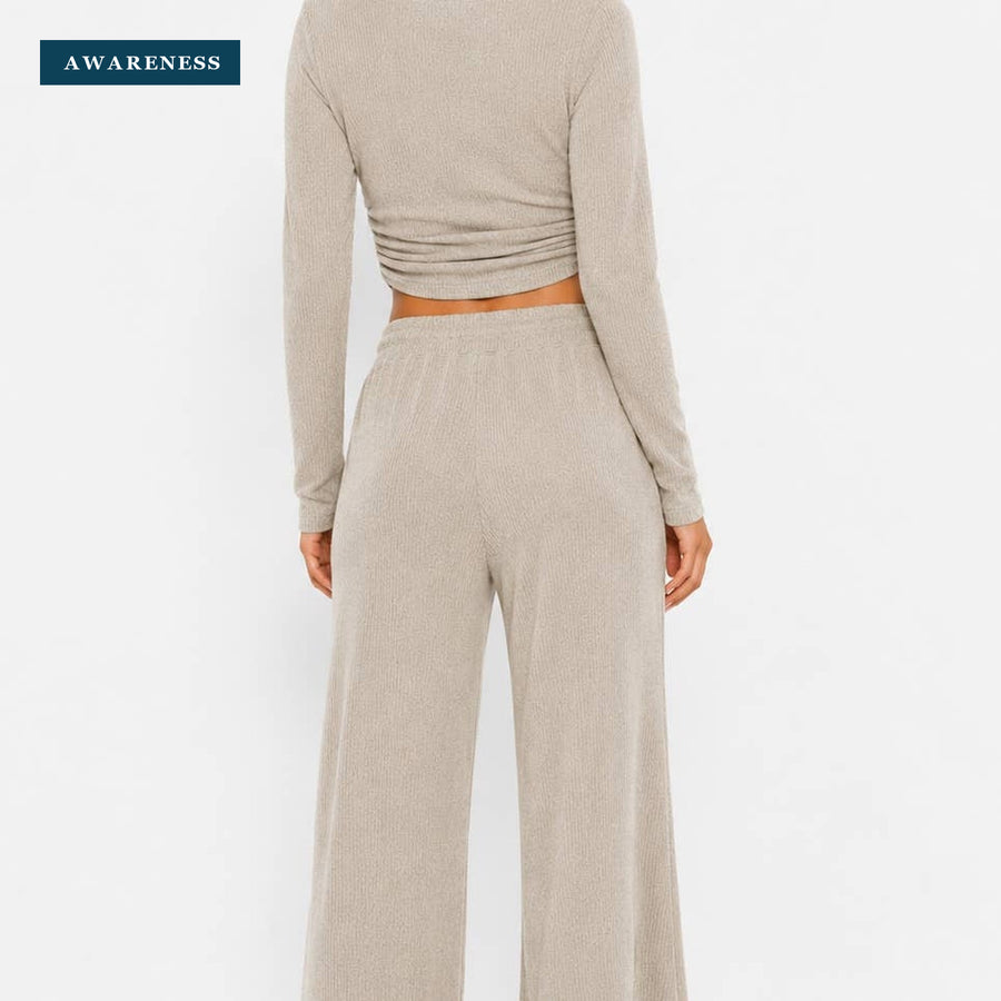Ribbed Crop Long Sleeve Top with Straight Leg Loungewear Set — Lifestyle — AWARENESS