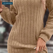 Casual Loose Knit Short Turtleneck Sweater Dress — Close-up — AWARENESS
