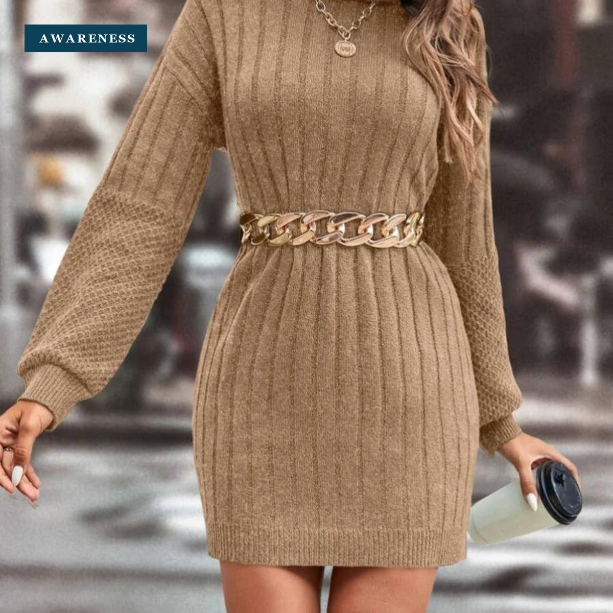 Casual Loose Knit Short Turtleneck Sweater Dress — Lifestyle — AWARENESS