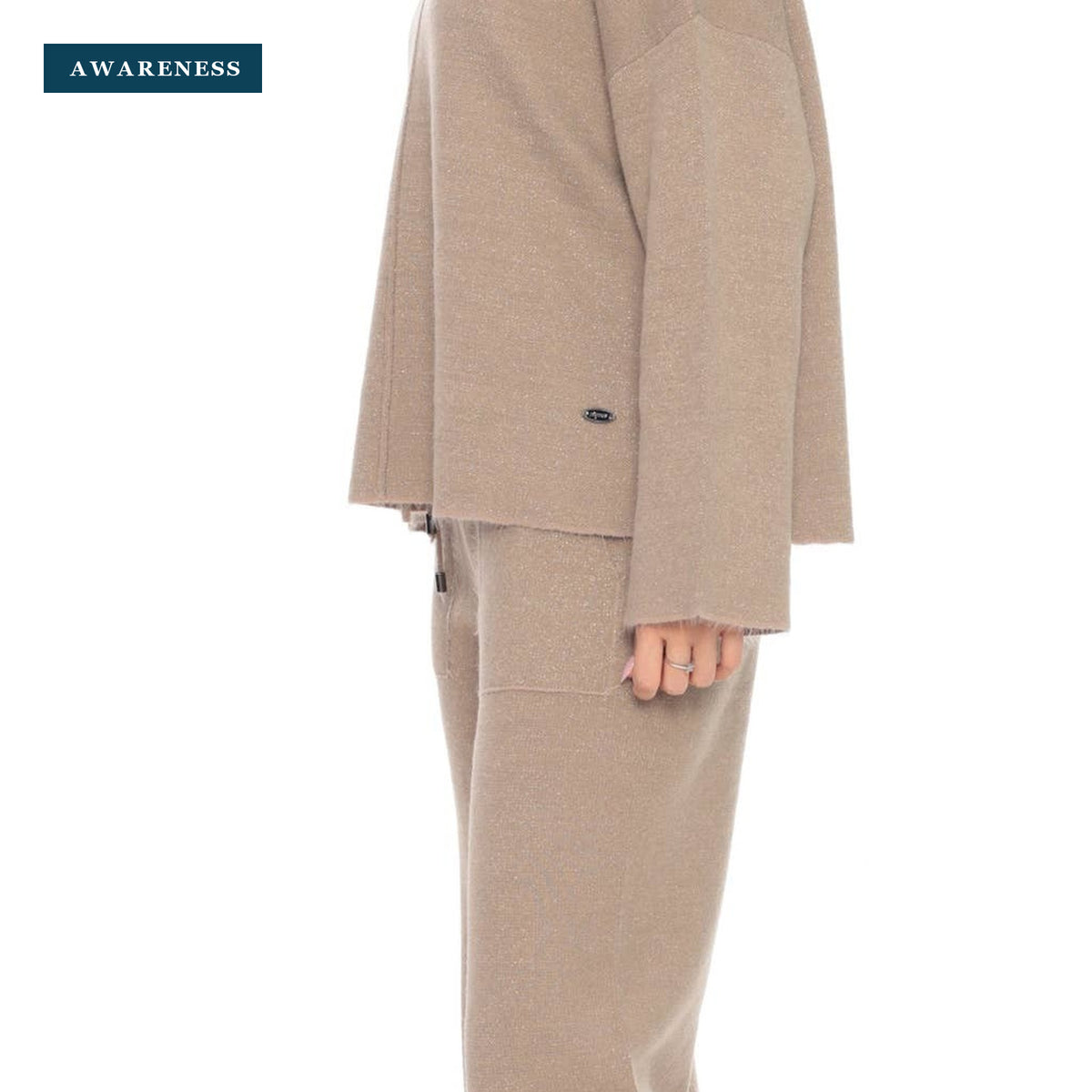 Wide-Sleeve Knit Lounge Co-Ord Set in Sand Taupe — Close-up — AWARENESS
