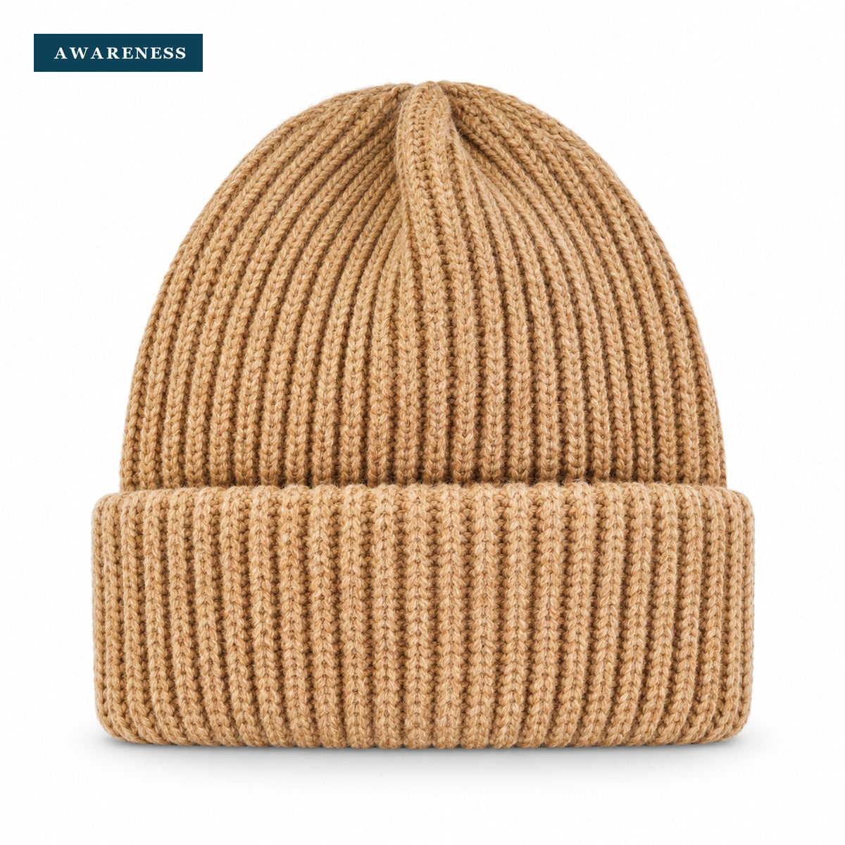 Cuffed Rib Knit Beanie Hat For Men and Women — Close-up — AWARENESS