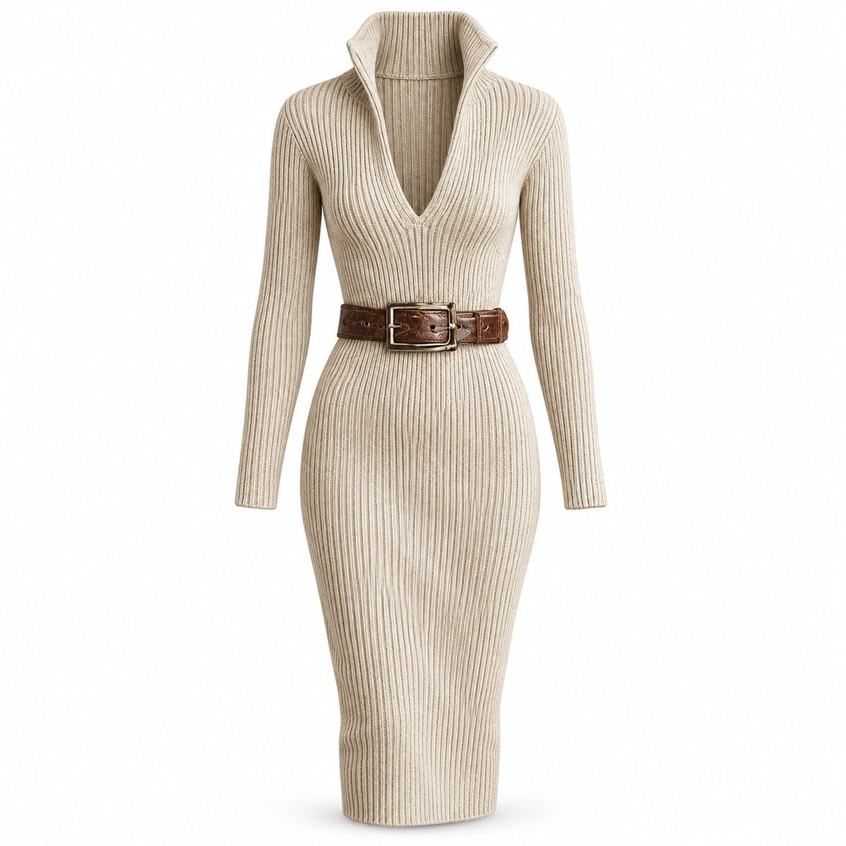 Long-Sleeve Ribbed Belted Midi Sweater Dress — Main