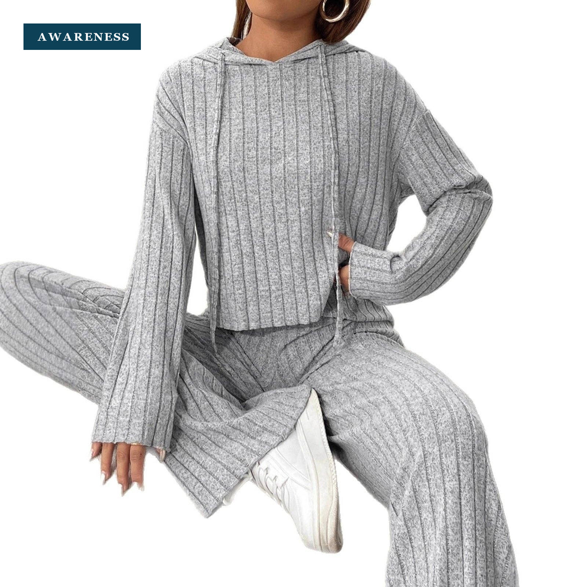 Women's Ribbed Knit Hoodie & Pants Two Piece Set — Lifestyle — AWARENESS