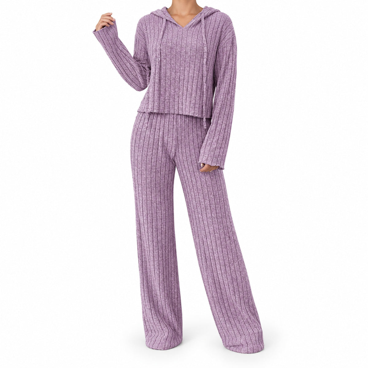 Women's Ribbed Knit Hoodie & Pants Two Piece Set — Main — AWARENESS