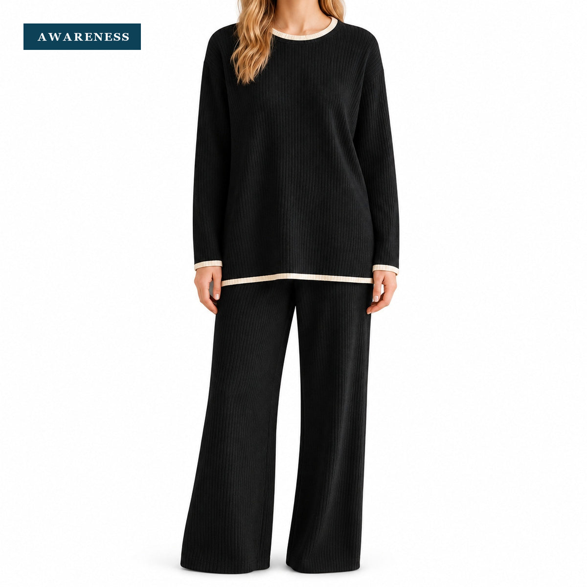Contrast Trim Ribbed Knit Top & Wide Leg Trousers Co-Ord Set — Close-up — AWARENESS