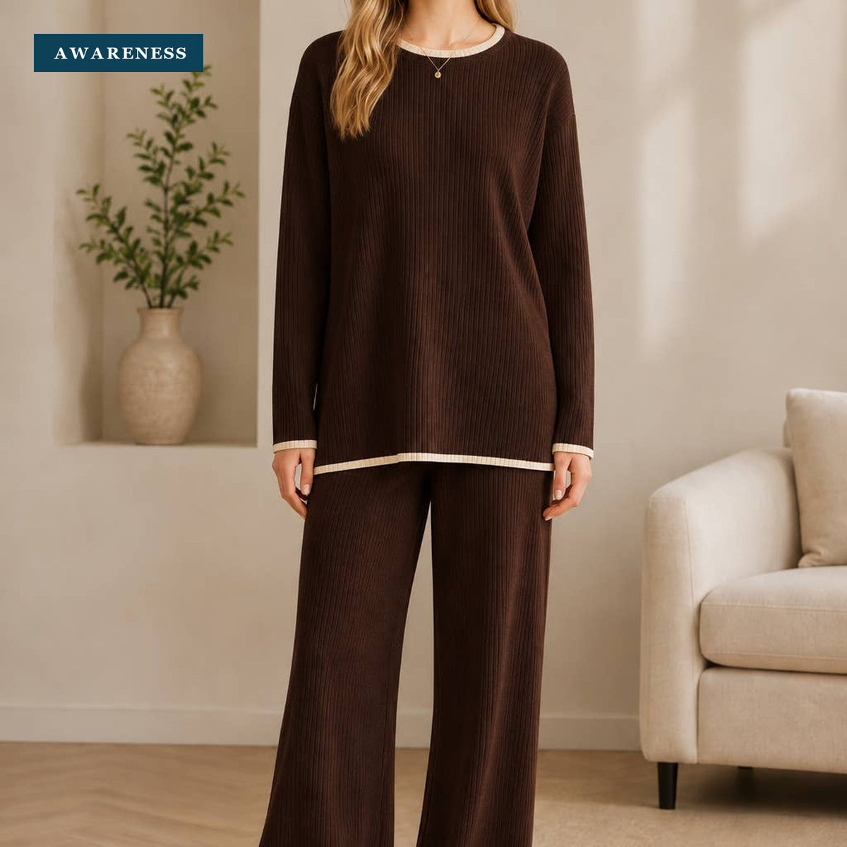 Contrast Trim Ribbed Knit Top & Wide Leg Trousers Co-Ord Set — Lifestyle — AWARENESS