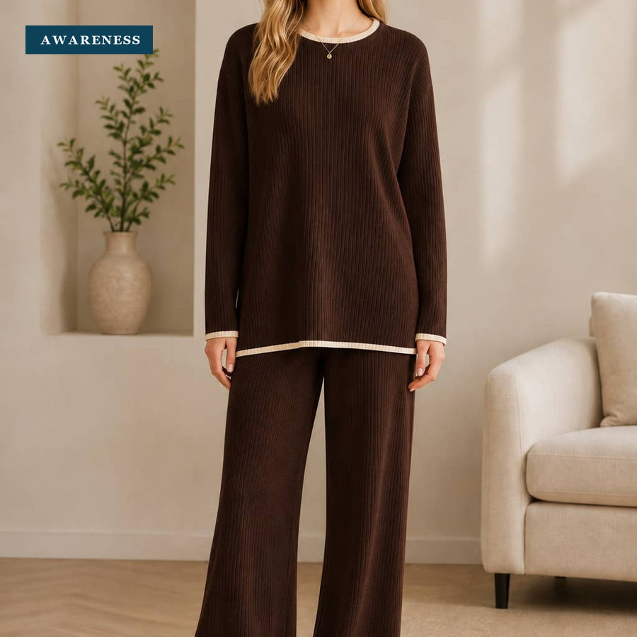 Contrast Trim Ribbed Knit Top & Wide Leg Trousers Co-Ord Set — Lifestyle — AWARENESS