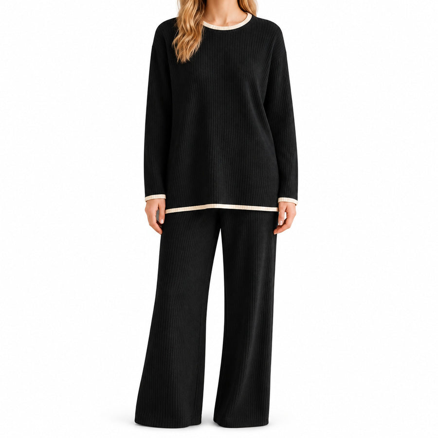 Contrast Trim Ribbed Knit Top & Wide Leg Trousers Co-Ord Set — Main — AWARENESS
