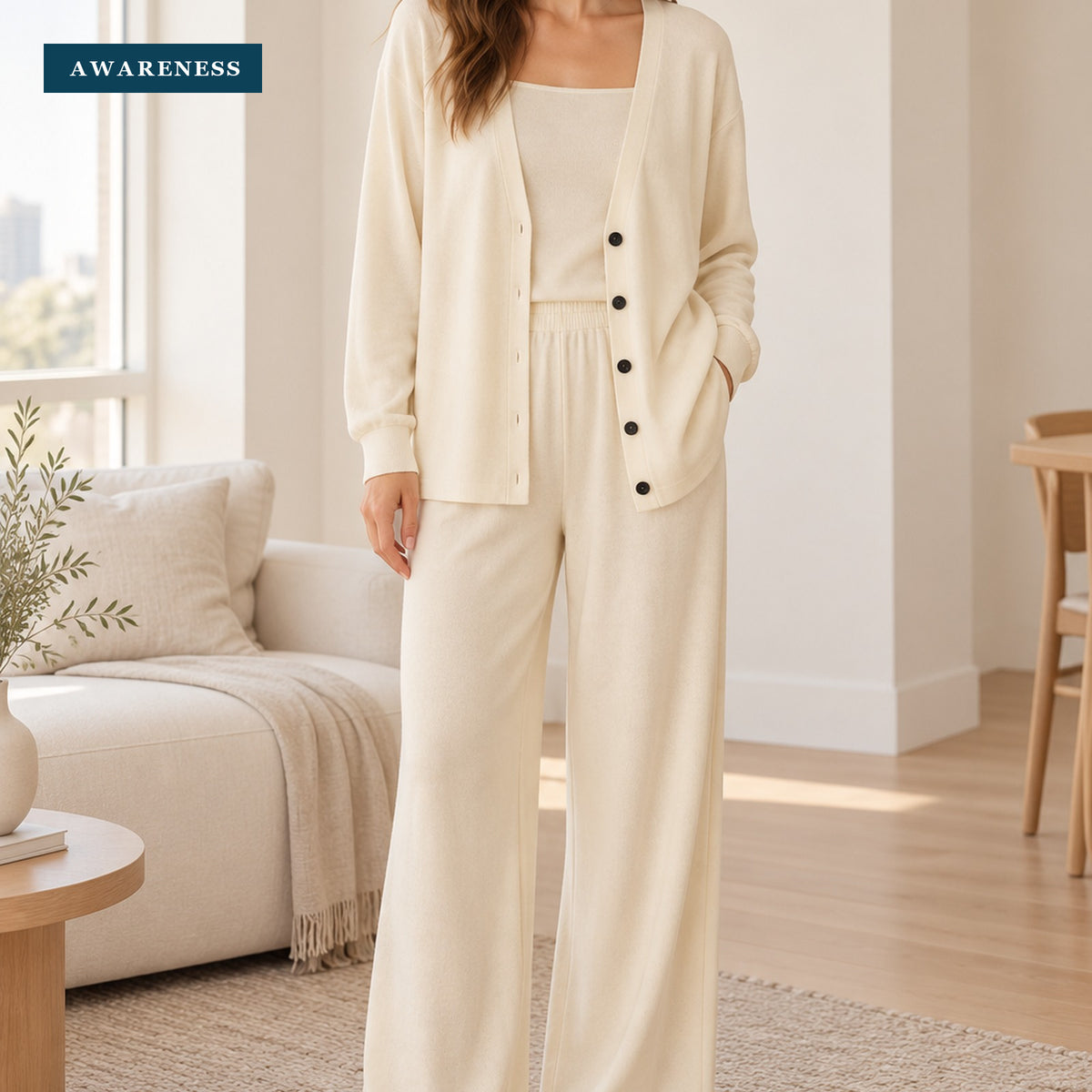 Three-Piece Knit Cardigan Set with Wide-Leg Pants — Lifestyle — AWARENESS