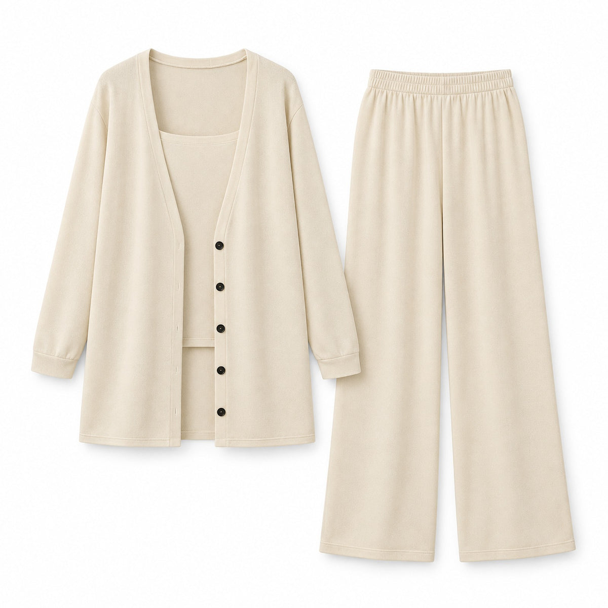 Three-Piece Knit Cardigan Set with Wide-Leg Pants — Main