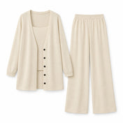 Three-Piece Knit Cardigan Set with Wide-Leg Pants — Main