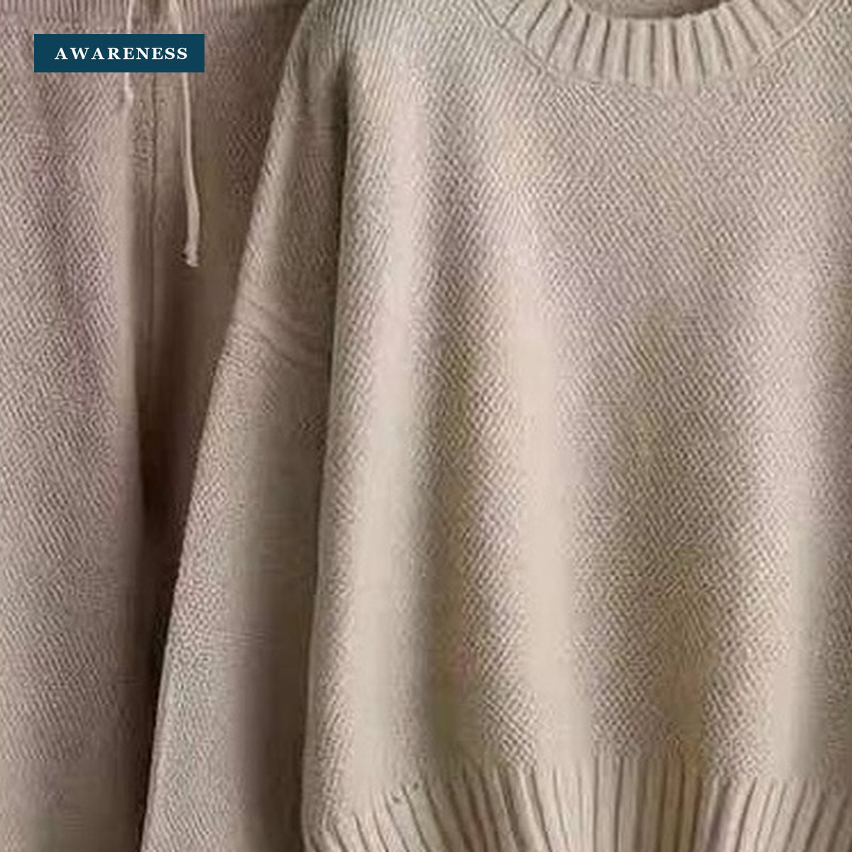 Crew-Neck Knit Sweater Set with Wide-Leg Pants — Close-Up — AWARENESS