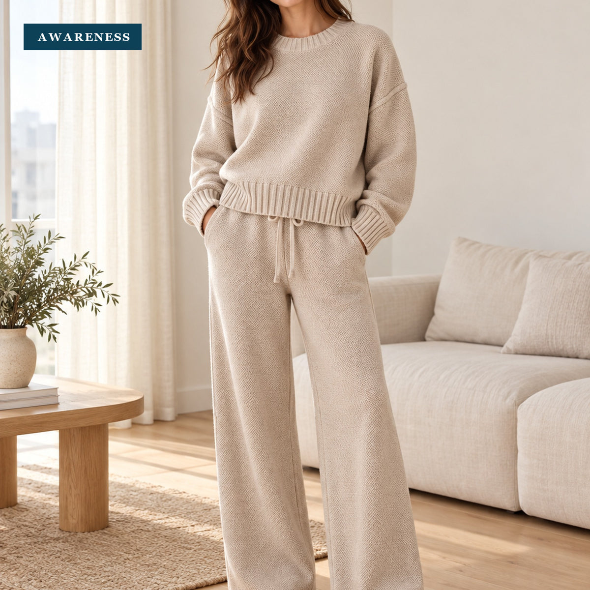 Crew-Neck Knit Sweater Set with Wide-Leg Pants — Lifestyle — AWARENESS