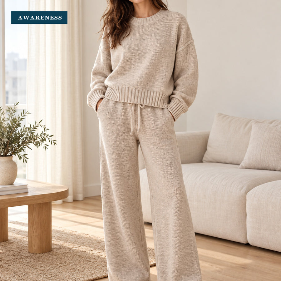 Crew-Neck Knit Sweater Set with Wide-Leg Pants — Lifestyle — AWARENESS