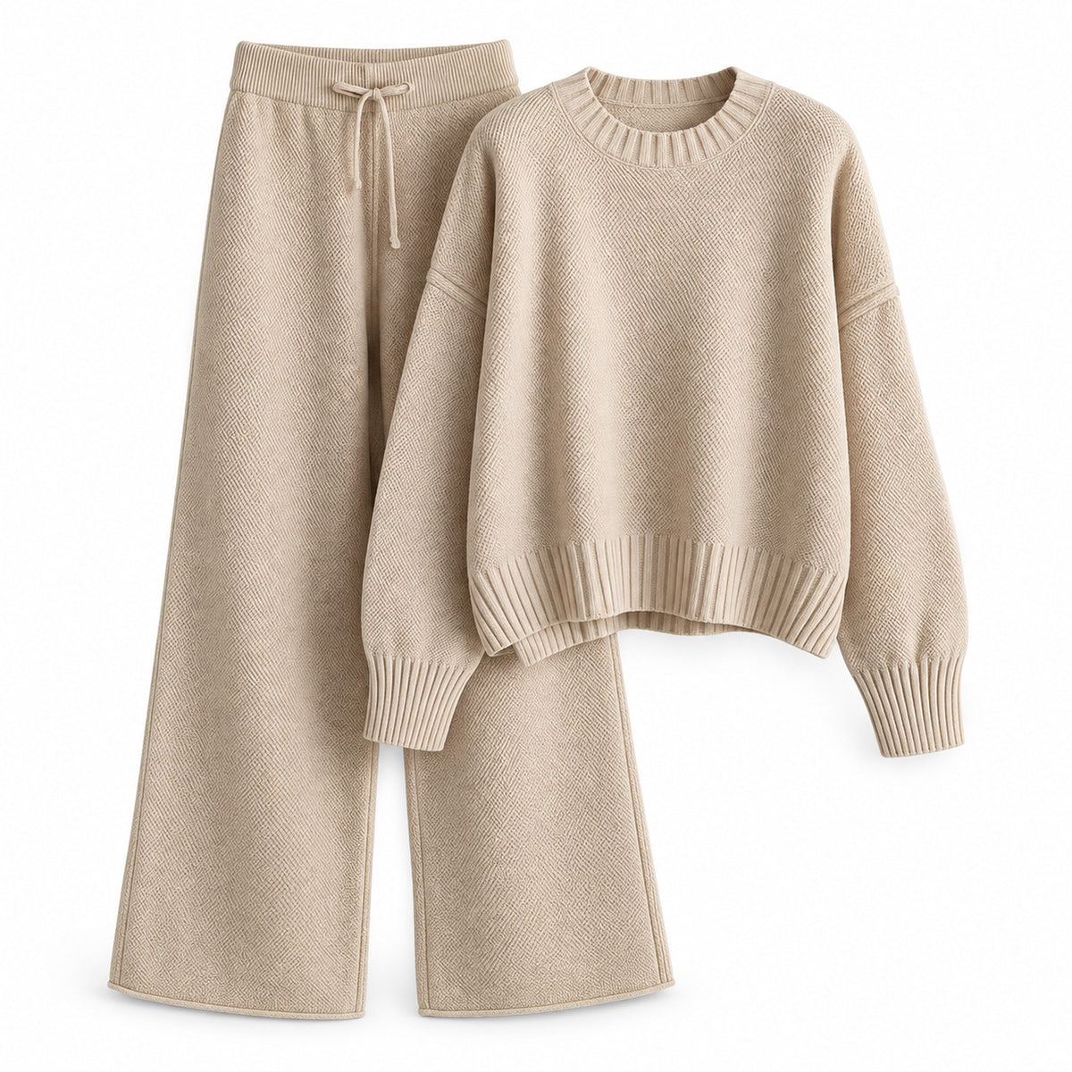 Crew-Neck Knit Sweater Set with Wide-Leg Pants — Main
