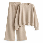 Crew-Neck Knit Sweater Set with Wide-Leg Pants — Main
