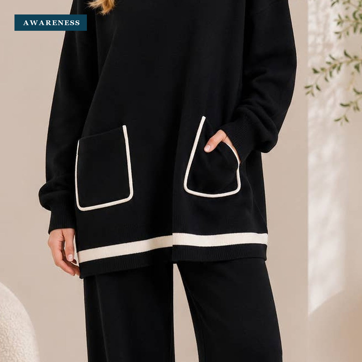 Contrast Trim Relaxed Knit Co-Ord Set — Close-up — AWARENESS