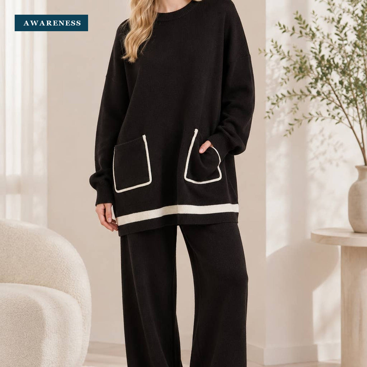 Contrast Trim Relaxed Knit Co-Ord Set — Lifestyle — AWARENESS