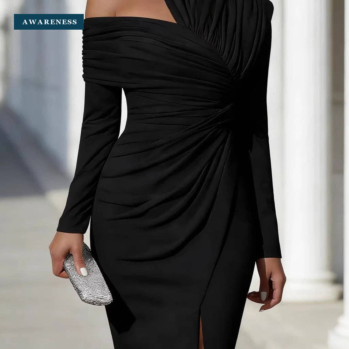 One Shoulder Ruched Long Sleeve Bodycon Slit Midi Dress — Close-up — AWARENESS