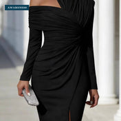 One Shoulder Ruched Long Sleeve Bodycon Slit Midi Dress — Close-up — AWARENESS