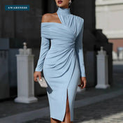 One Shoulder Ruched Long Sleeve Bodycon Slit Midi Dress — Lifestyle — AWARENESS