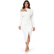 One Shoulder Ruched Long Sleeve Bodycon Slit Midi Dress — Main — AWARENESS