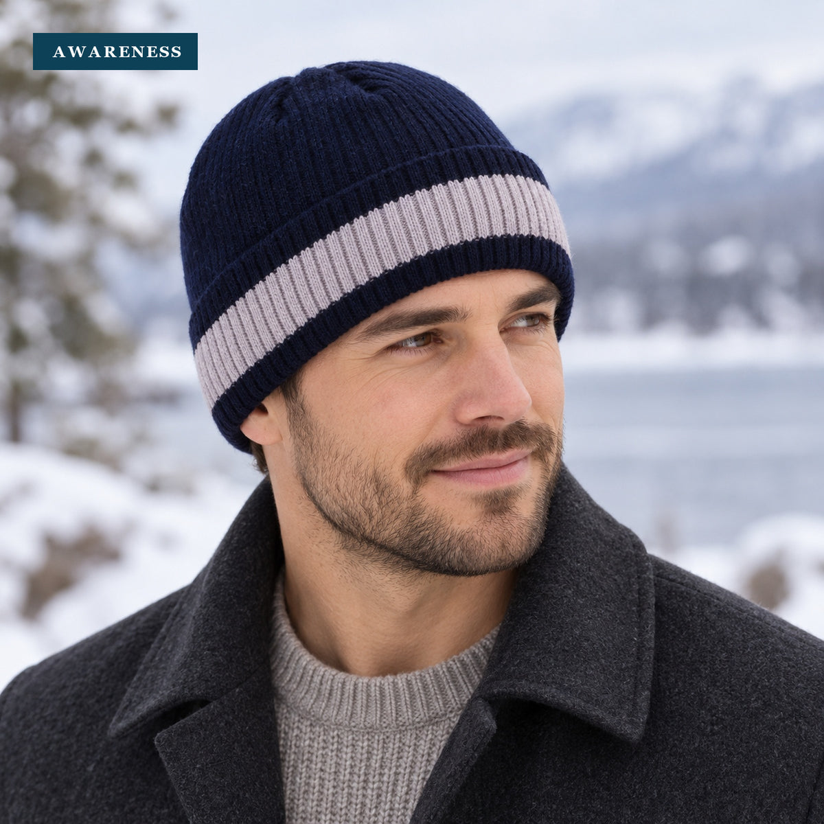 Two Tone Ribbed Knitted Fleece Lined Beanie — Lifestyle — AWARENESS