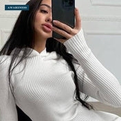 Ribbed Hooded Long-Sleeve Sweater Dress — Close-Up — AWARENESS