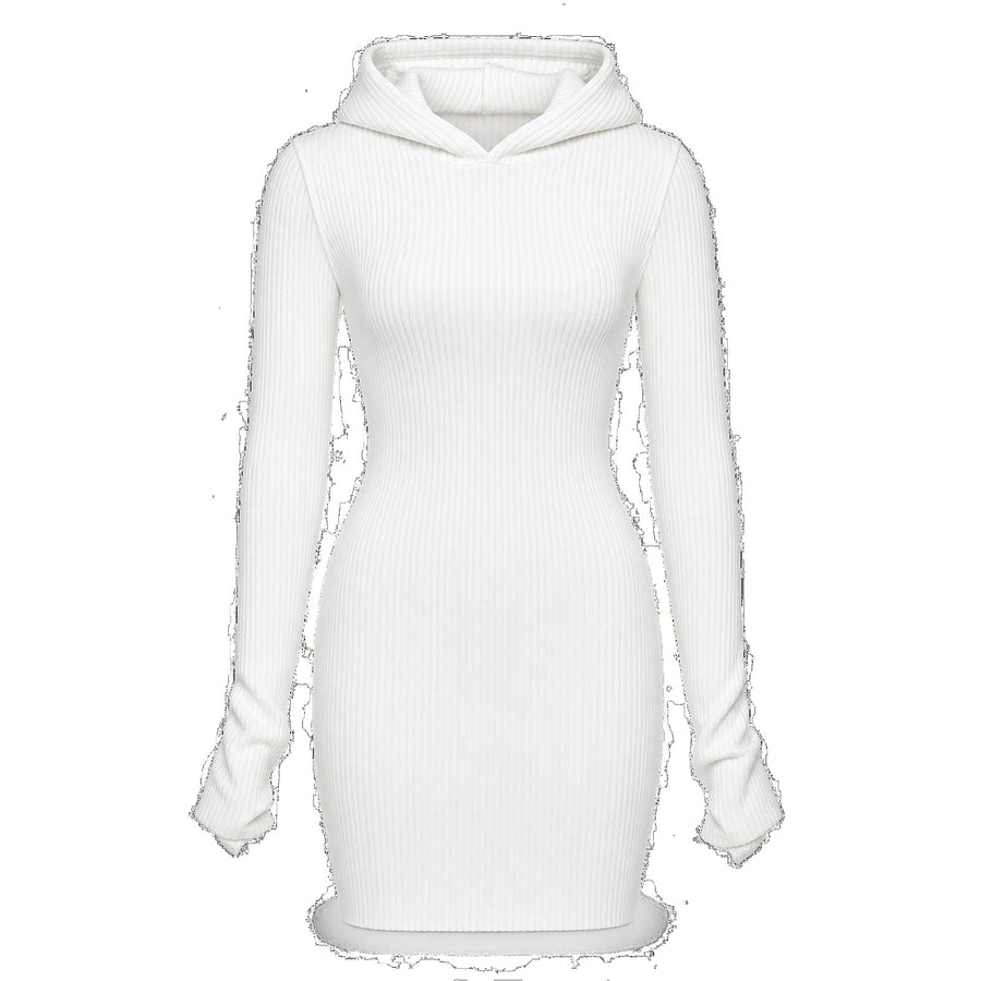 Ribbed Hooded Long-Sleeve Sweater Dress — Main